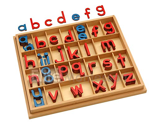 This image displays a complete lower case alphabet of wooden letters with a wooden tray.